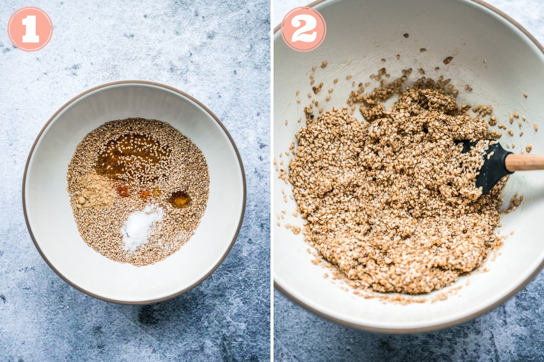 before and after mixing together ingredients for sesame brittle in small bowl. 