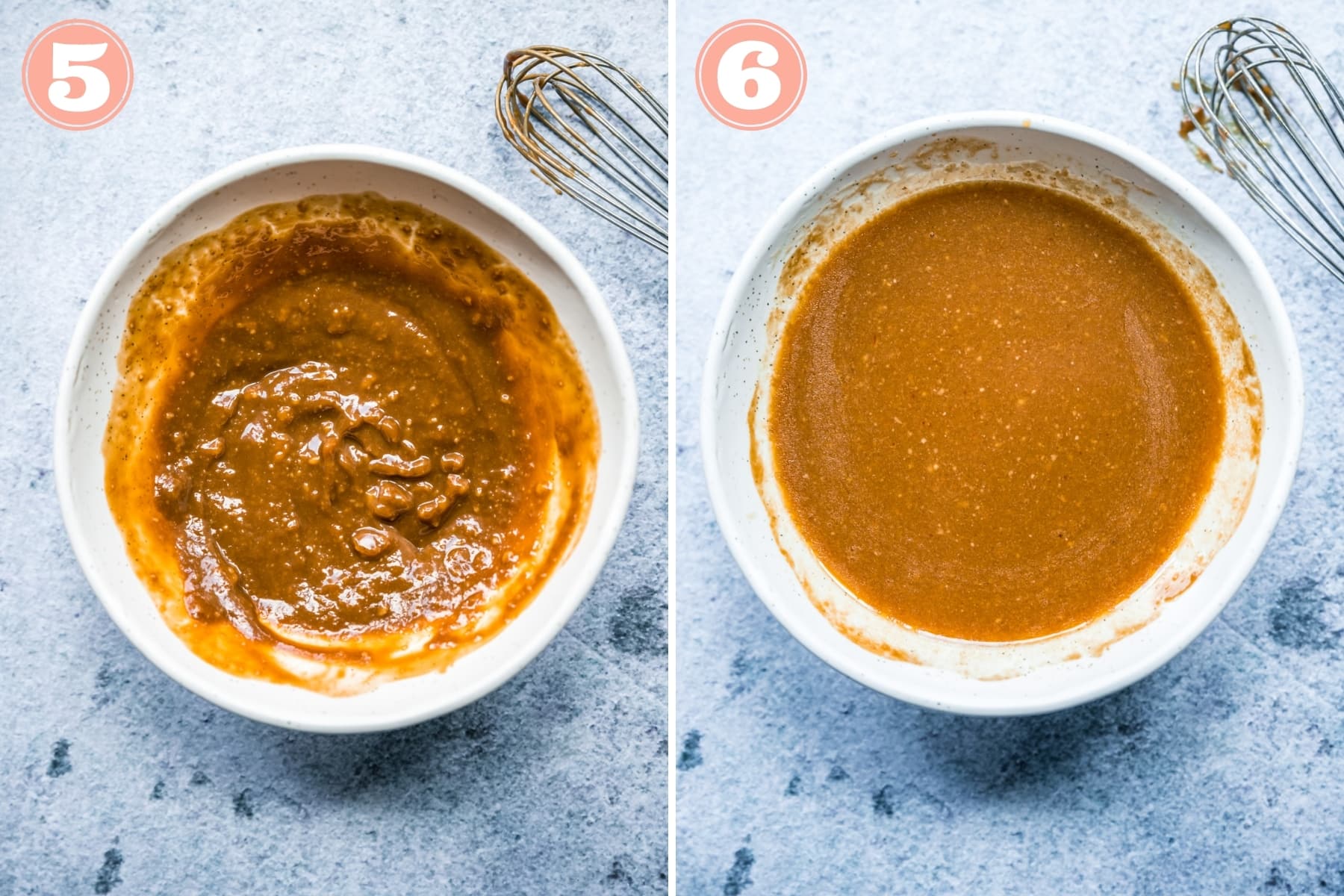 before and after whisking together ingredients for sesame ginger dressing. 