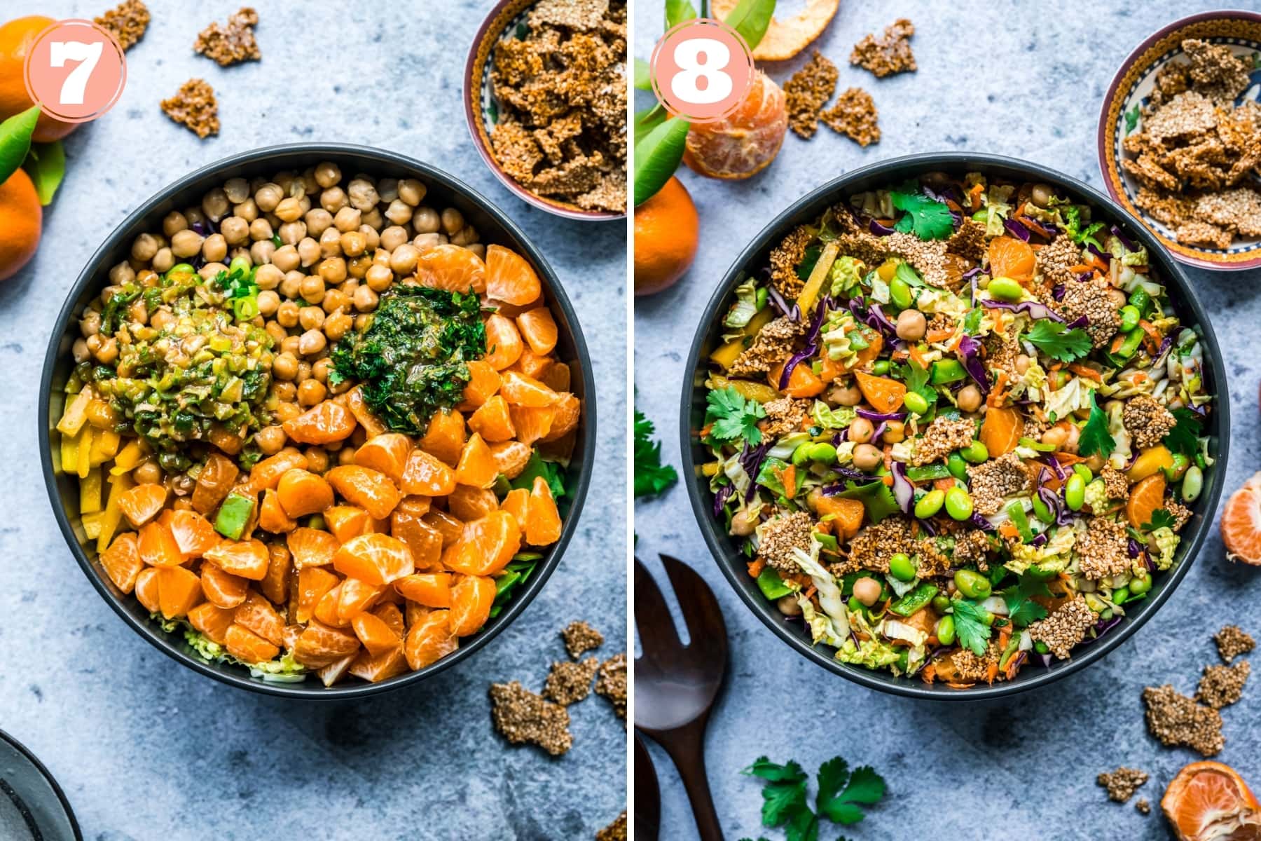 before and after mixing together ingredients for sesame chickpea salad in a large serving bowl. 