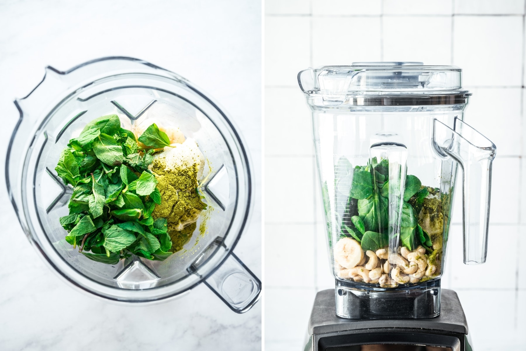 ingredients in blender to make healthy shamrock shake before blending. 