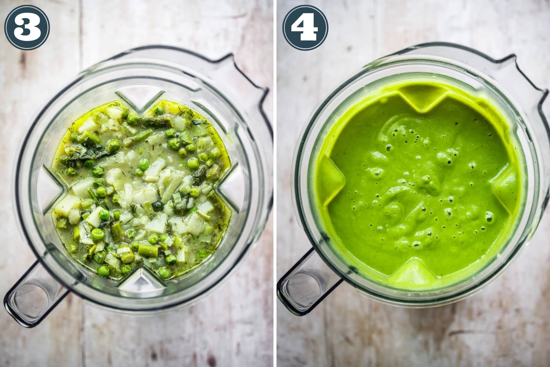 before and after blending vegan asparagus soup in blender. 