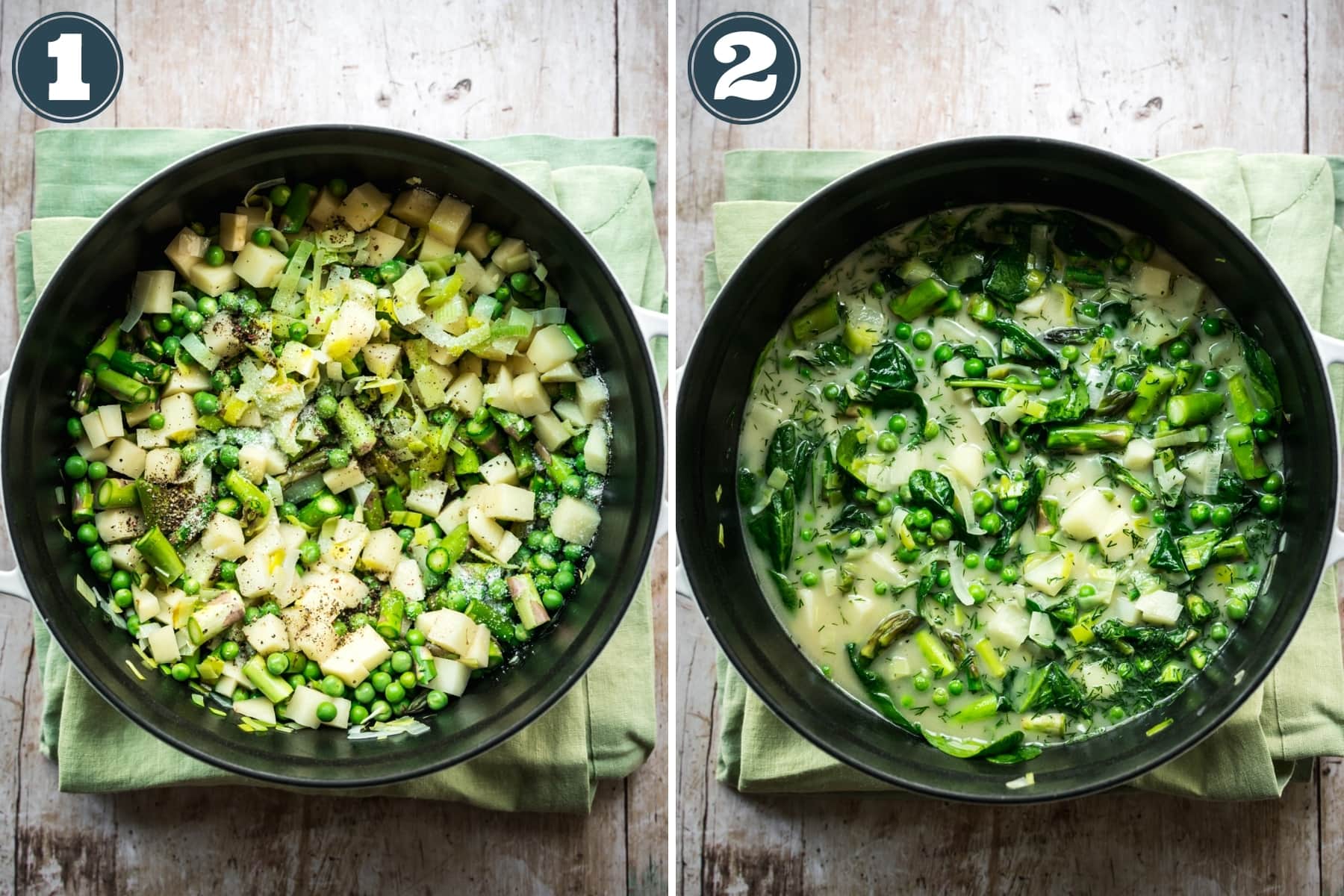 before and after adding vegetable broth to vegan asparagus soup in large pot.