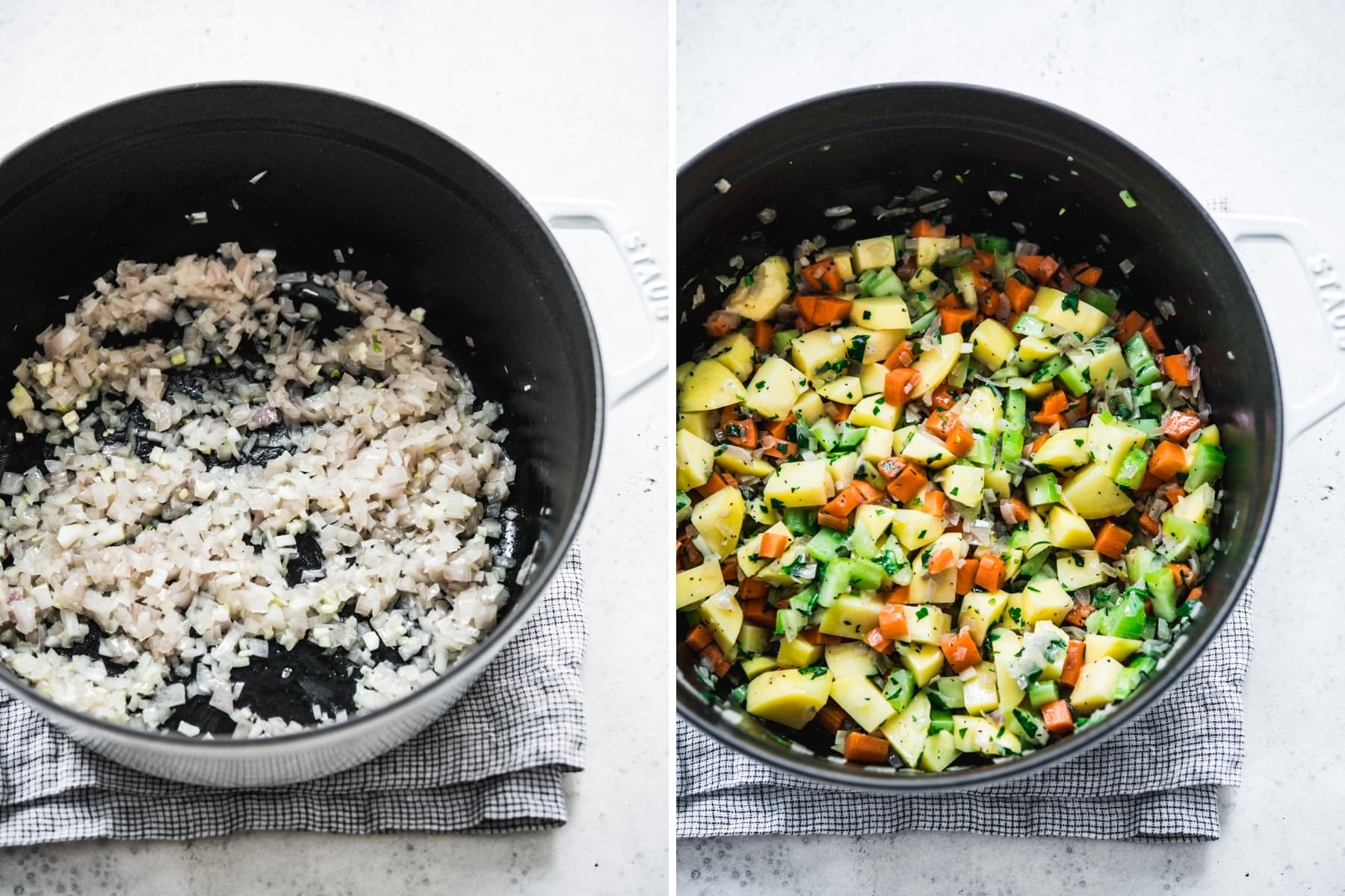 on the left: sautéed onion and garlic in pot. on the right: potatoes, onion, garlic, carrot and celery in soup pot. 