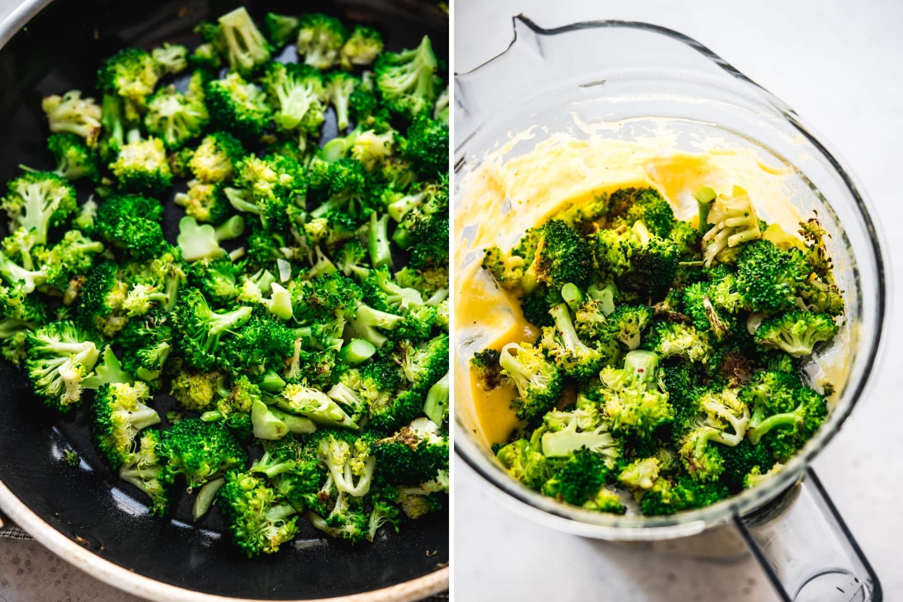 on the left: sautéed broccoli in pan. on the right: broccoli in blender with soup. 