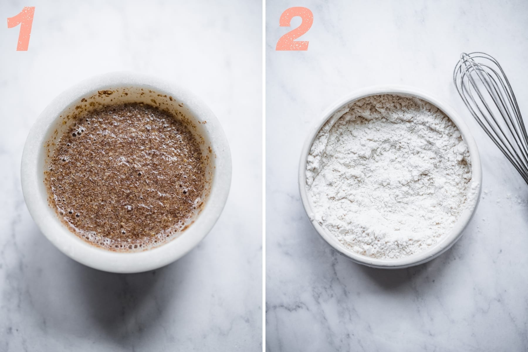 on the left: flax egg in a small bowl. on the right: flour, baking soda and salt mixed together in bowl. 