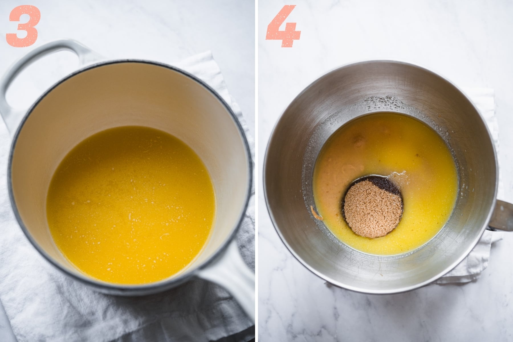 on the left: melted butter in a saucepan. on the right: melted butter, peanut butter and brown sugar in a stand mixer. 