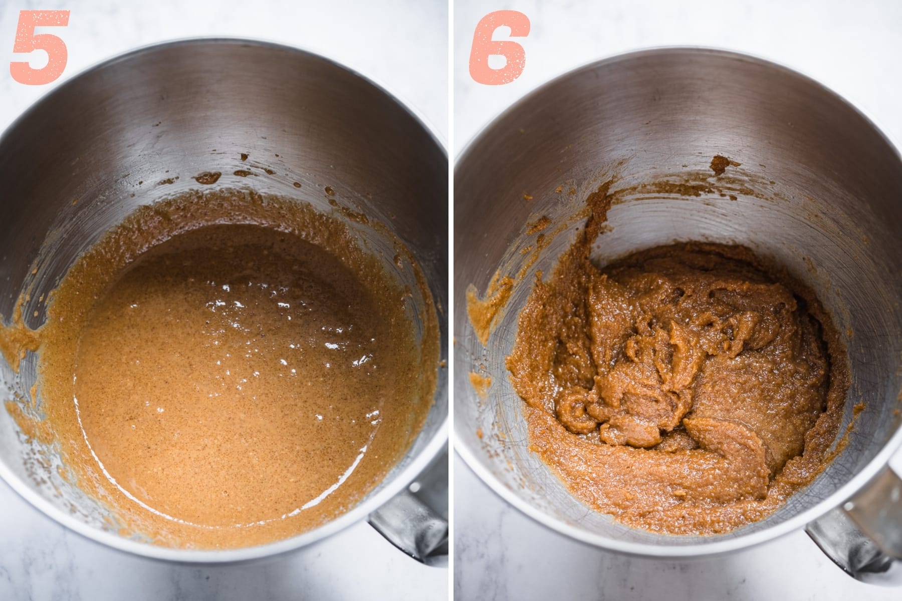 before and after adding flax eggs to peanut butter cookie dough. 