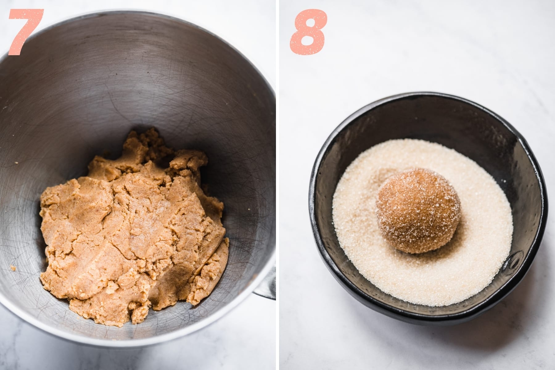 on the left: vegan peanut butter cookie dough in mixing bowl. On the right: peanut butter cookie dough ball coated in sugar before baking.