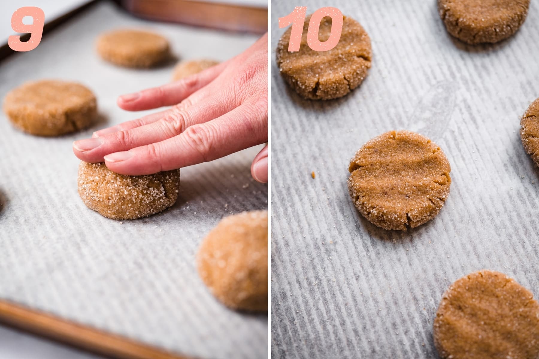 on the left: hand pressing down cookie dough ball. On the right: cookie dough before baking. 