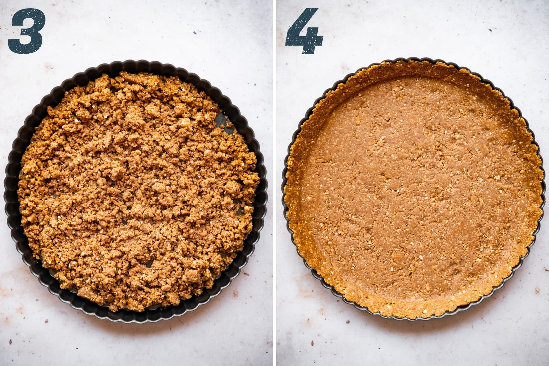 pressing peanut butter pretzel crust into tart pan.