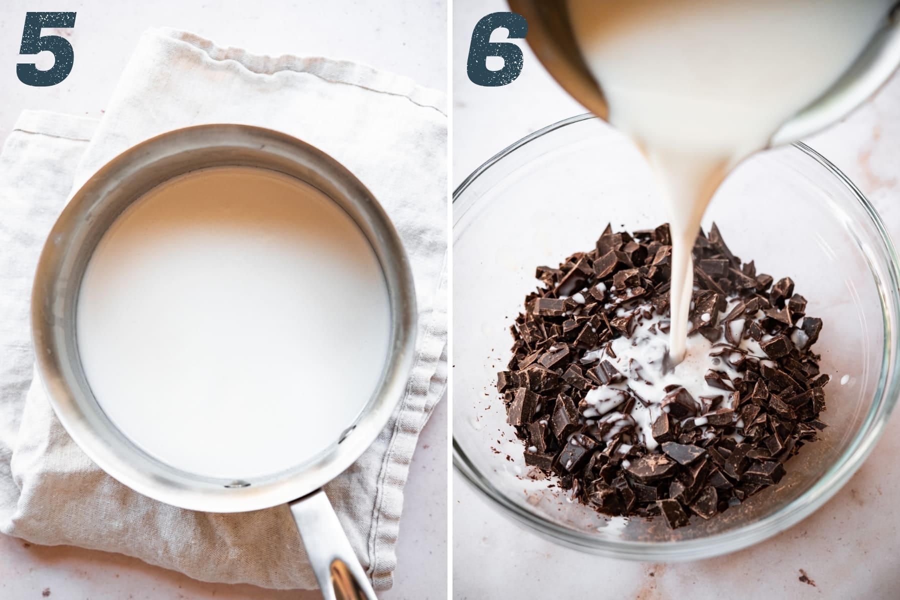 pouring hot coconut milk over chocolate chunks in large bowl. 