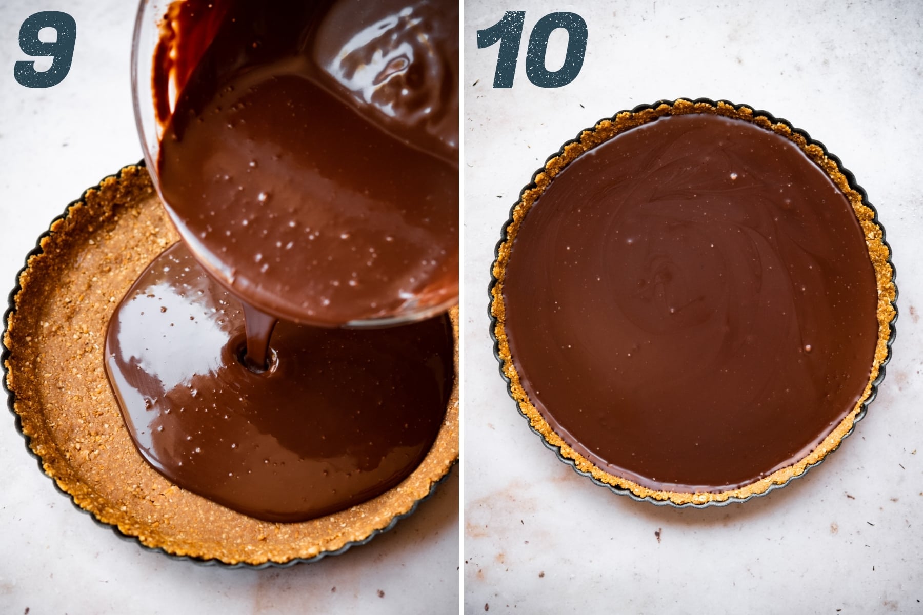 pouring chocolate ganache into peanut butter pretzel tart. 