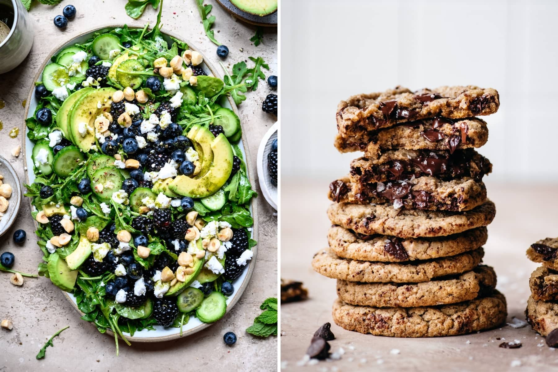 on the left: arugula avocado blackberry salad. On the right: a stack of chocolate chip cookies.