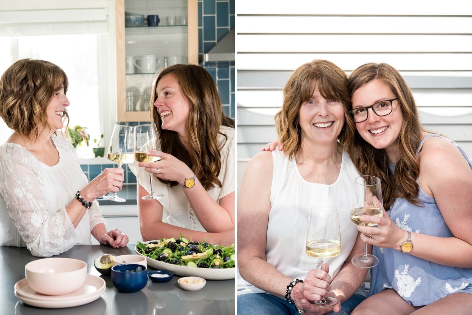 headshots of Lexi and Beth from Crowded Kitchen in the kitchen with wine. 