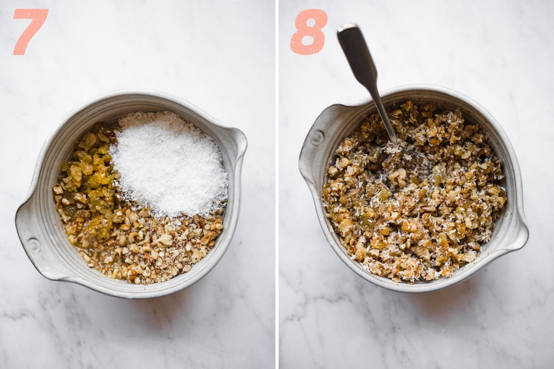 before and after stirring together walnut raisin coconut crumble topping ingredients. 