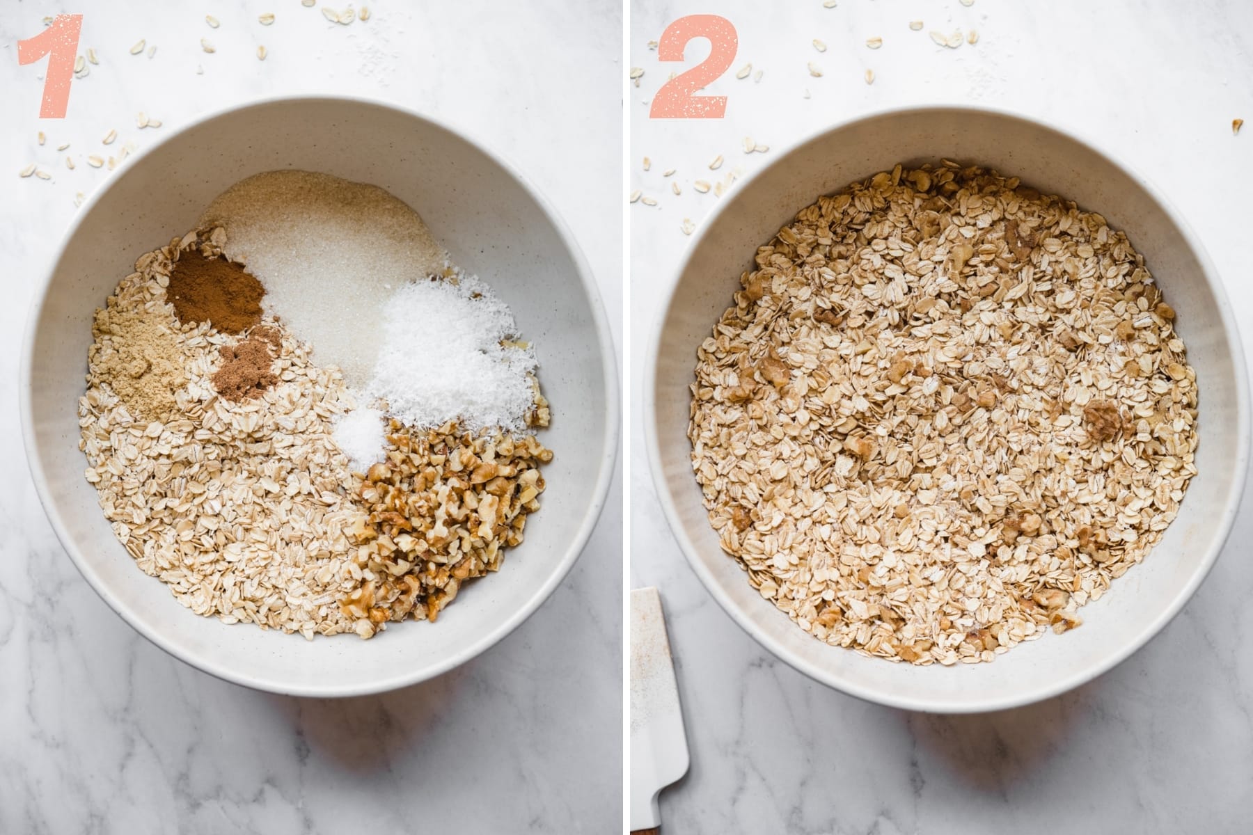 before and after stirring together oats, coconut, sugar and spices in mixing bowl. 