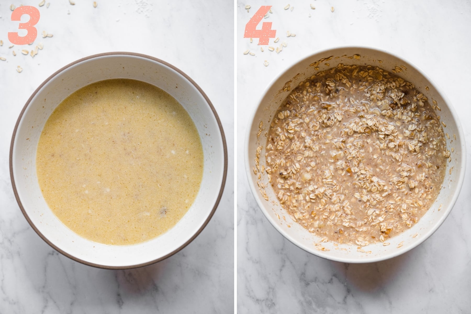 on the left: wet ingredients for baked oatmeal in mixing bowl. On the right: wet and dry ingredients mixed together in bowl. 