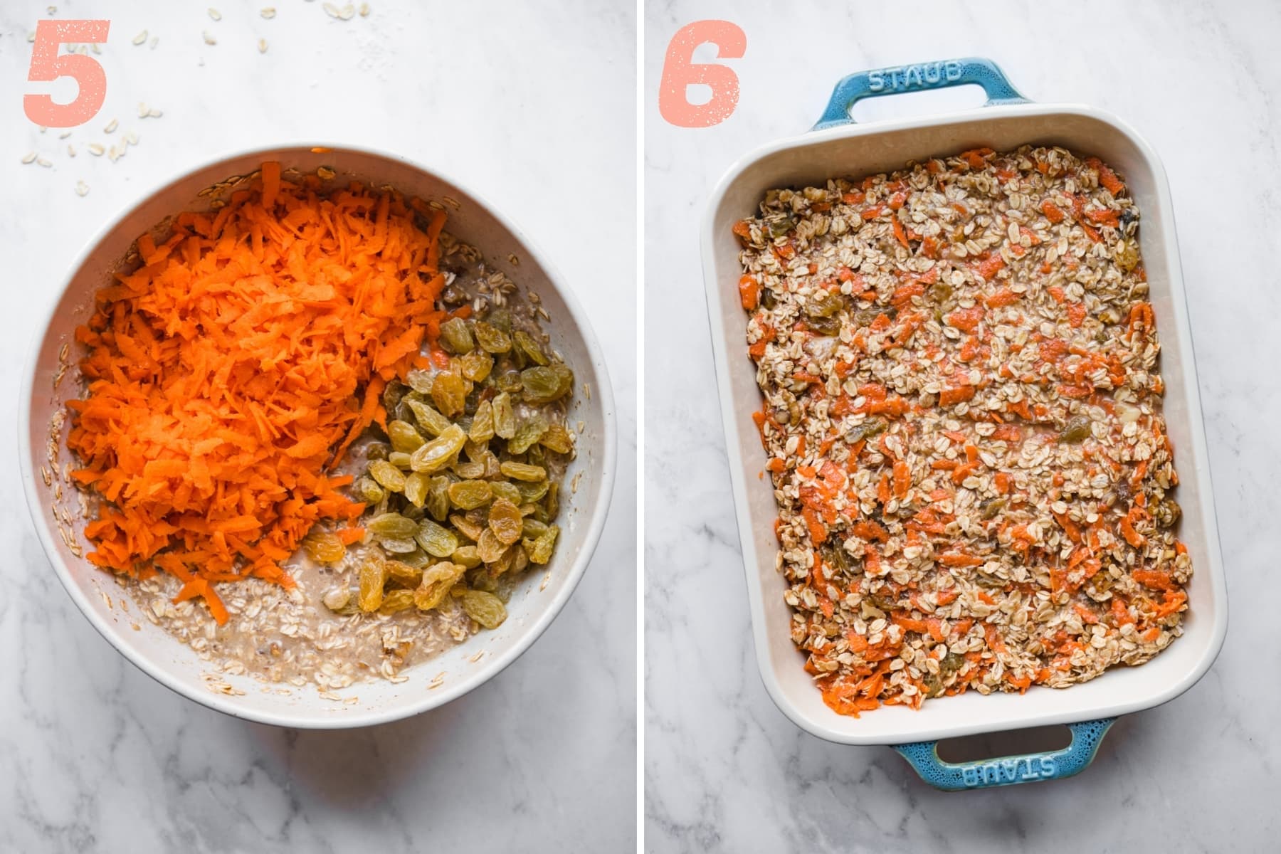 before and after mixing shredded carrots and raisins into carrot cake baked oatmeal batter. 