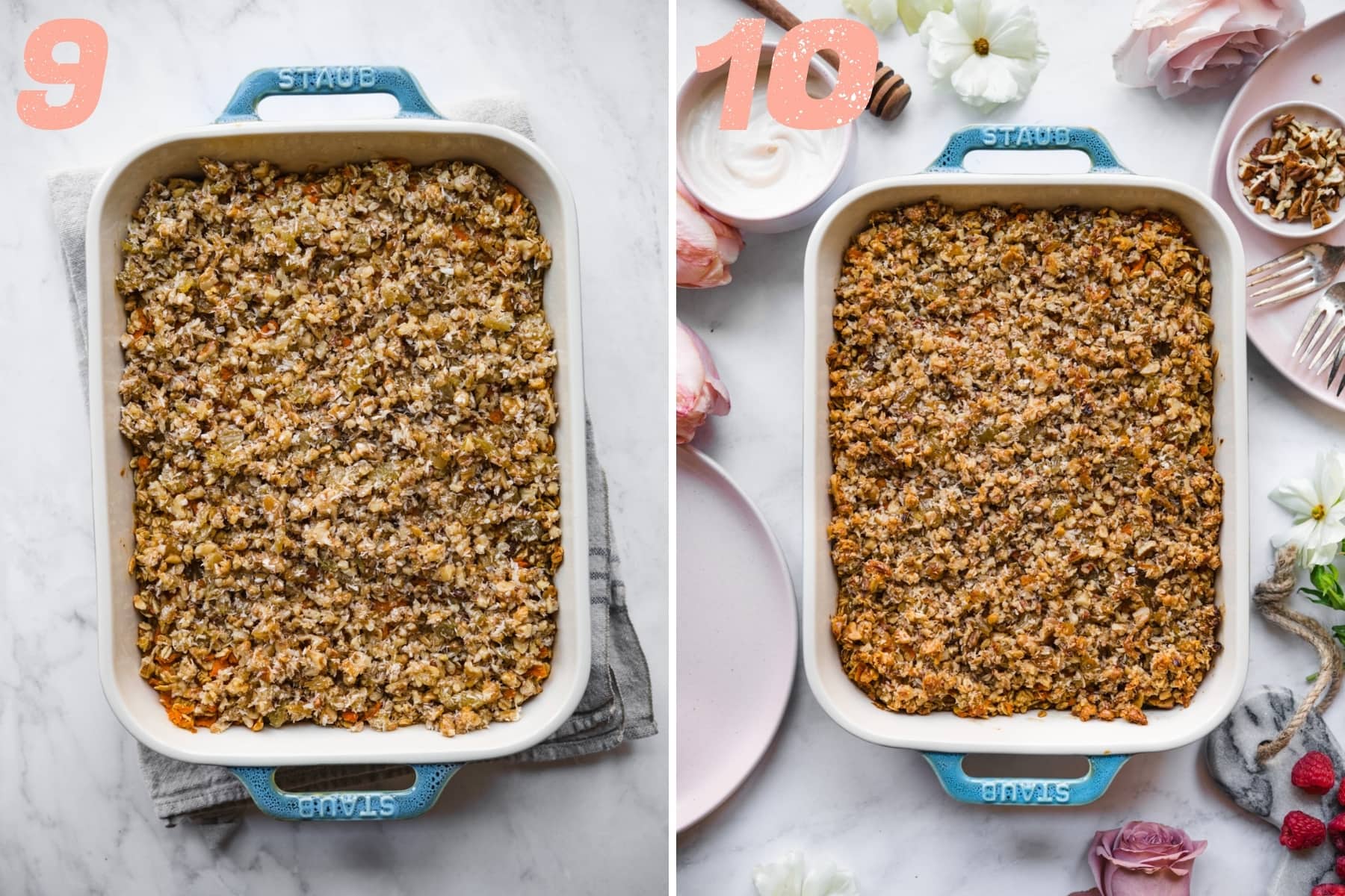 before and after baking carrot cake baked oatmeal. 