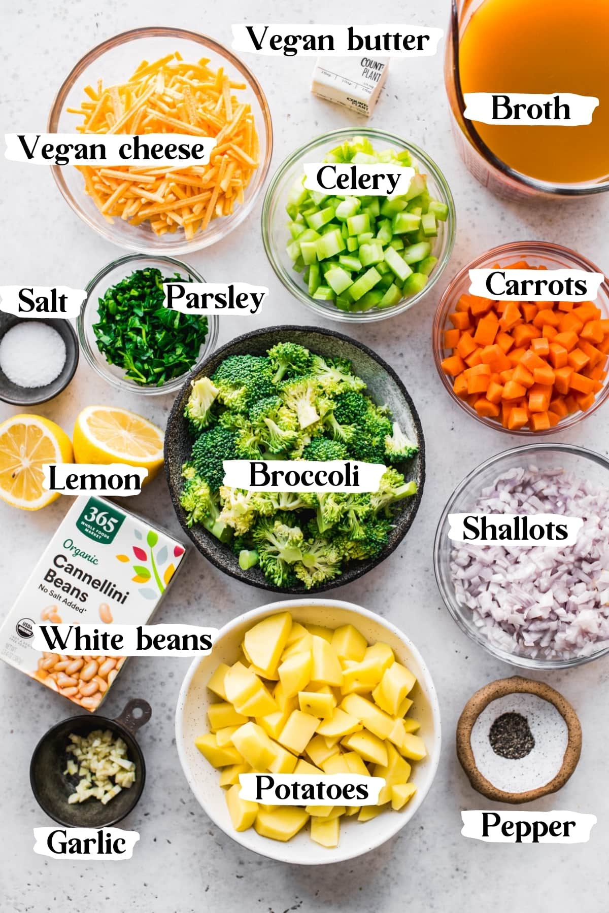 overhead view of ingredients for vegan broccoli soup. 