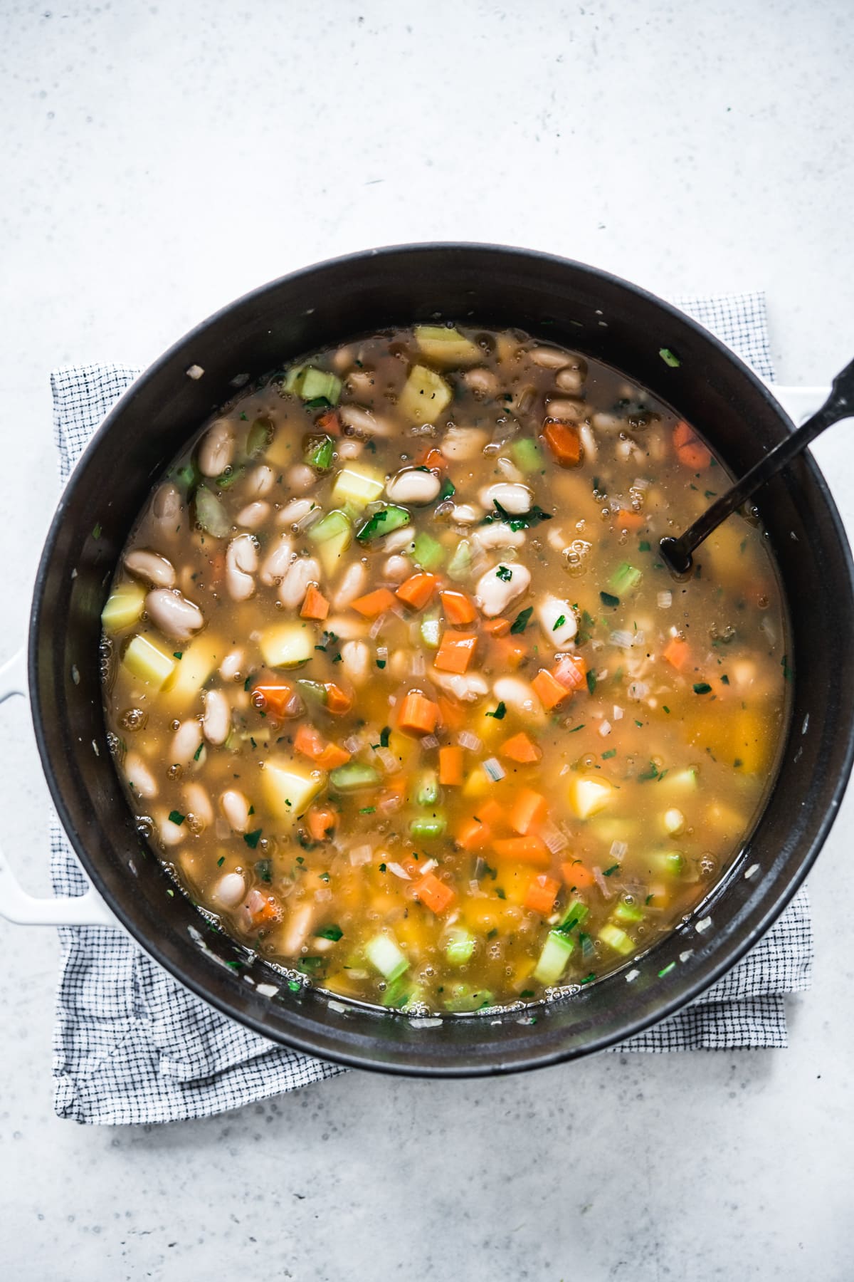 overhead view of soup with white beans and vegetables. 