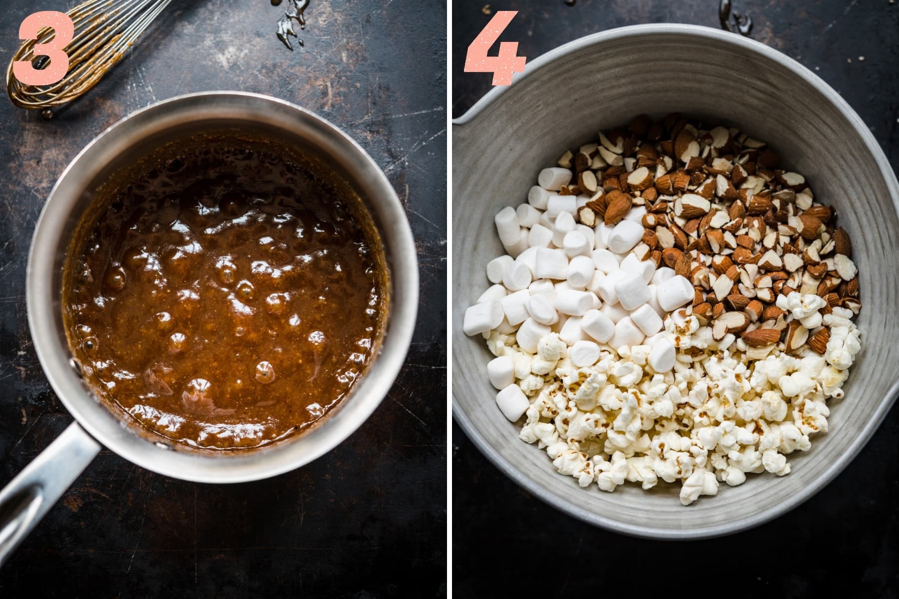 on the left: vegan caramel sauce bubbling in saucepan. on the right: marshmallows, almonds and popcorn in mixing bowl. 