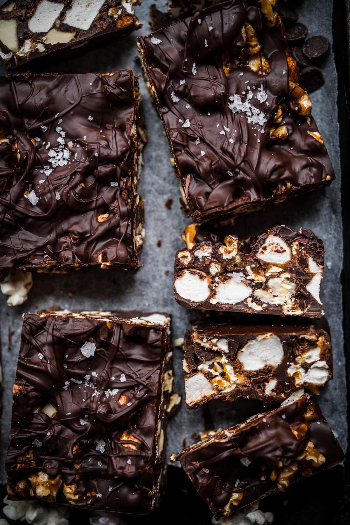 overhead view of salted caramel popcorn chocolate bars. 