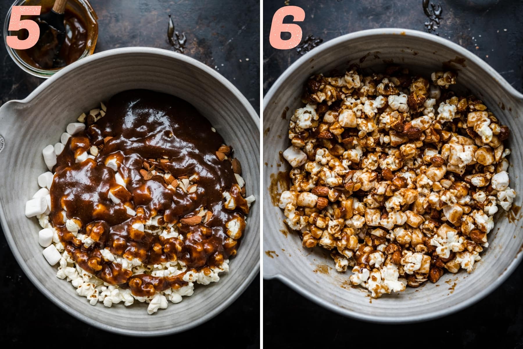 before and after stirring together marshmallows, almonds, popcorn and vegan caramel in bowl. 