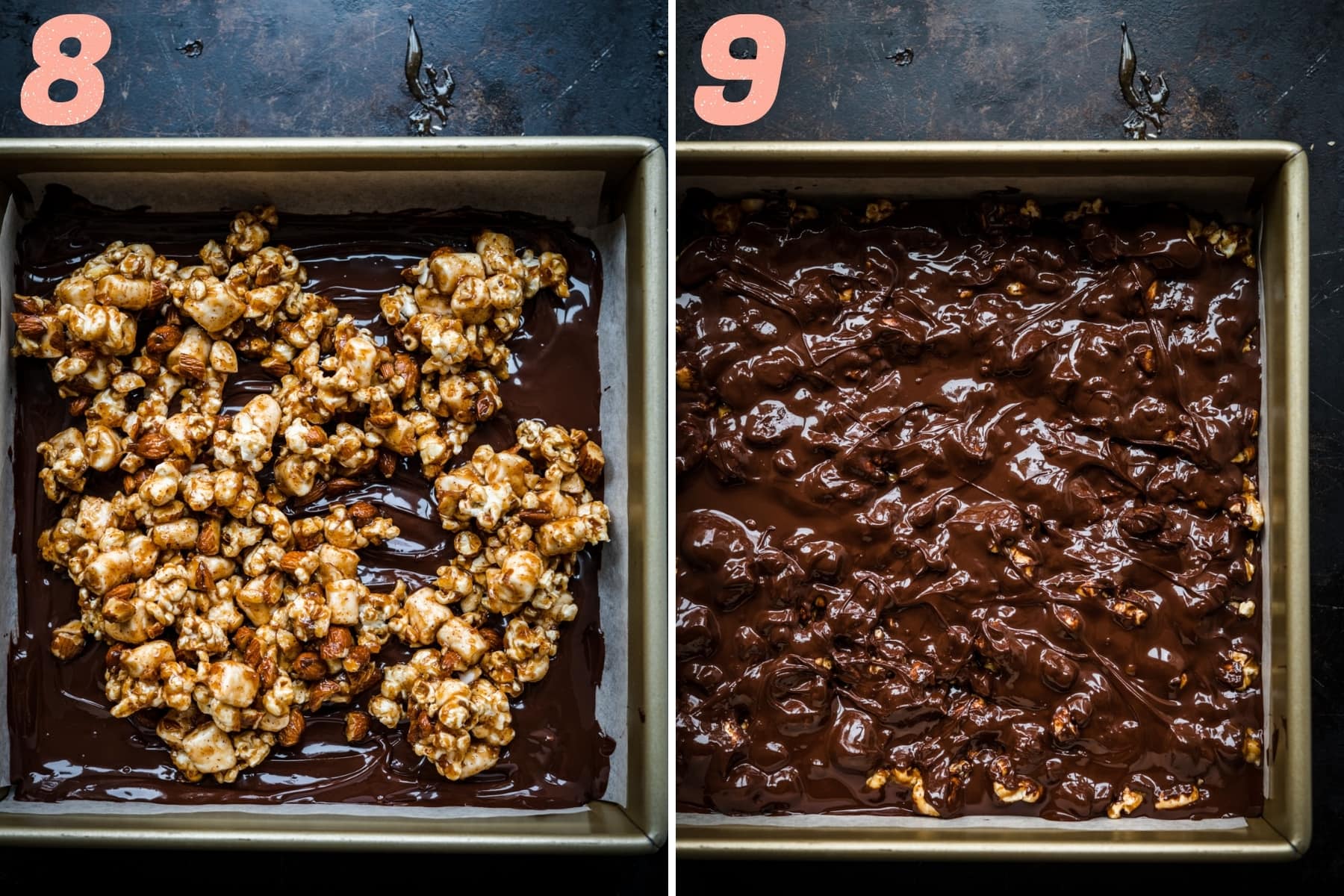 layering in popcorn nut caramel mixture with dark chocolate to form bars. 