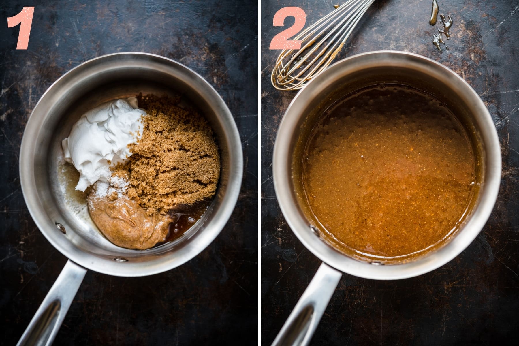 before and after whisking together ingredients for vegan caramel in saucepan. 