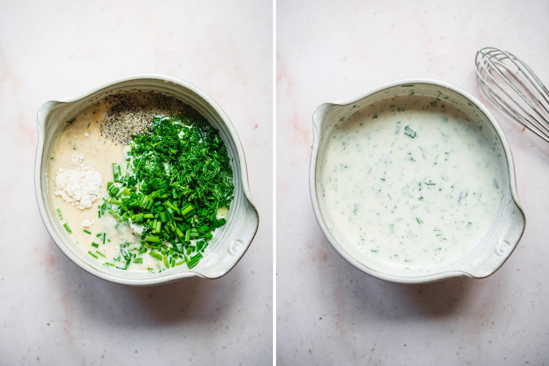 before and after whisking together ingredients for vegan ranch dressing. 