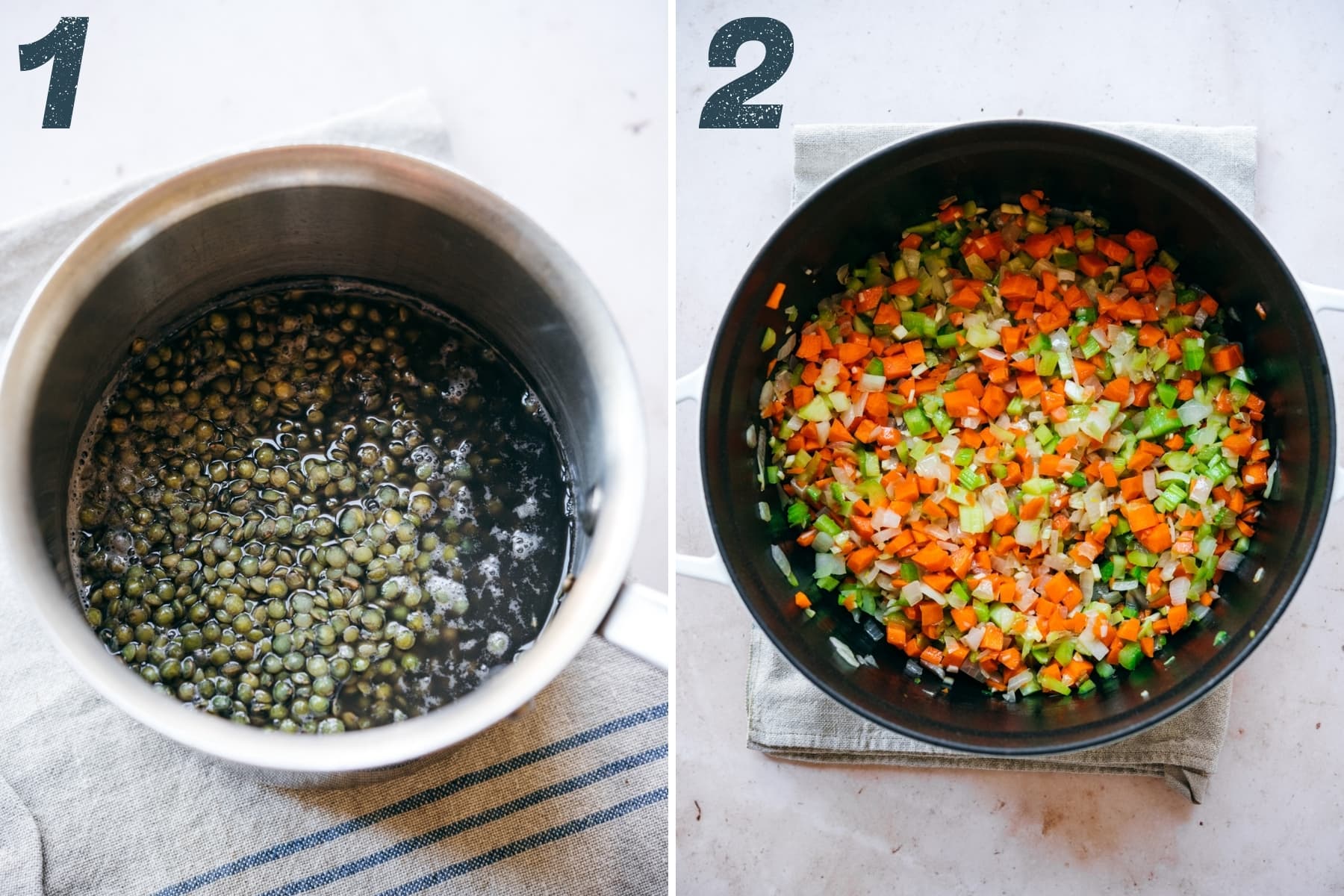 on the left: cooked lentils in pot. on the right: sautéed carrots, celery and onion in a pot. 