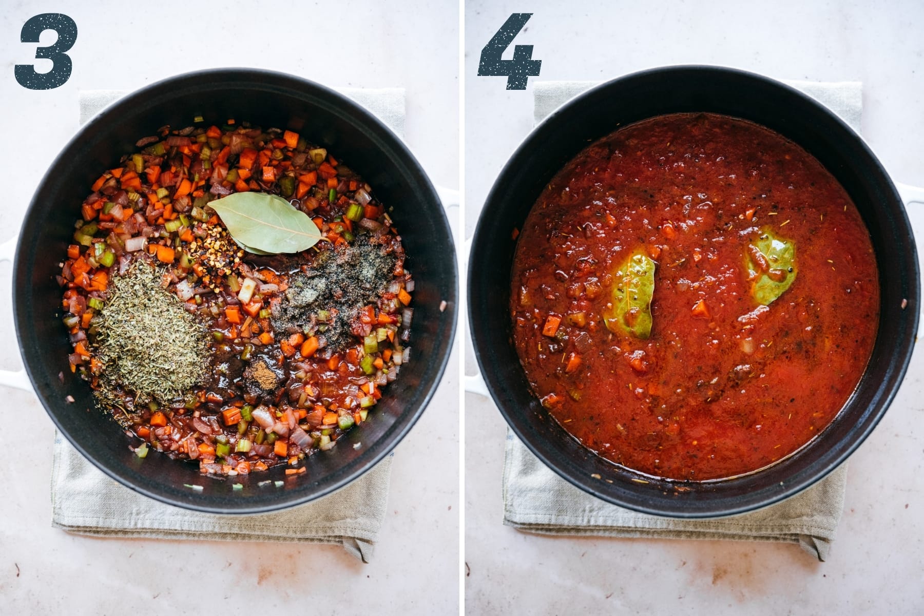 before and after adding crushed tomatoes to lentil bolognese sauce in a large pot. 