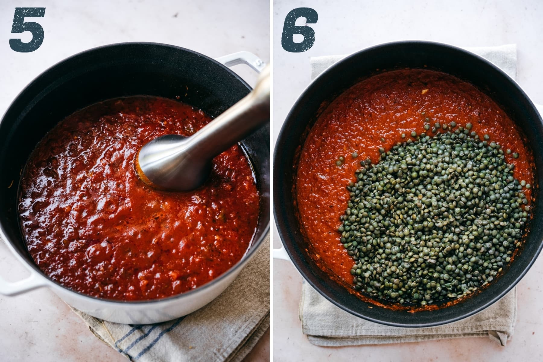 on the left: pureed tomato sauce in a pot. on the right: tomato sauce with cooked lentils before stirring in. 