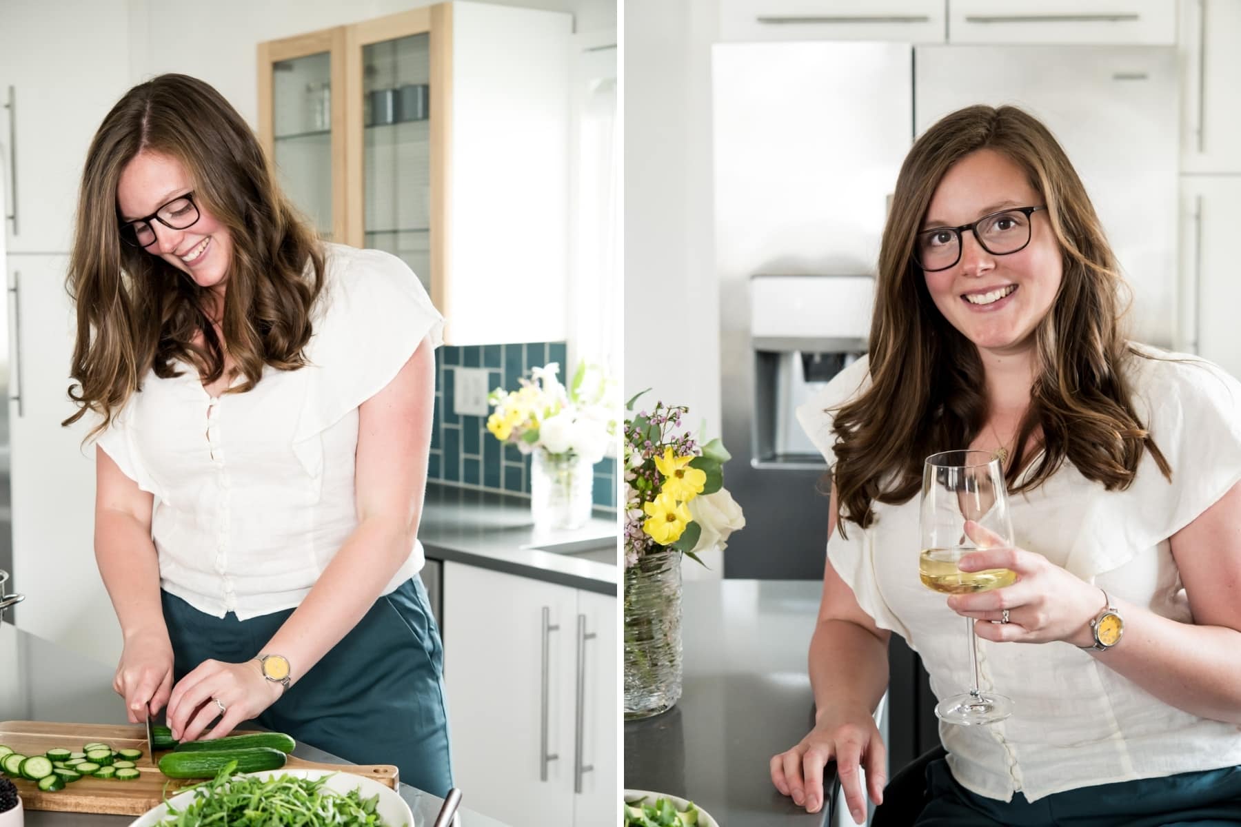 headshots of Lexi and Beth from Crowded Kitchen in the kitchen with wine. 
