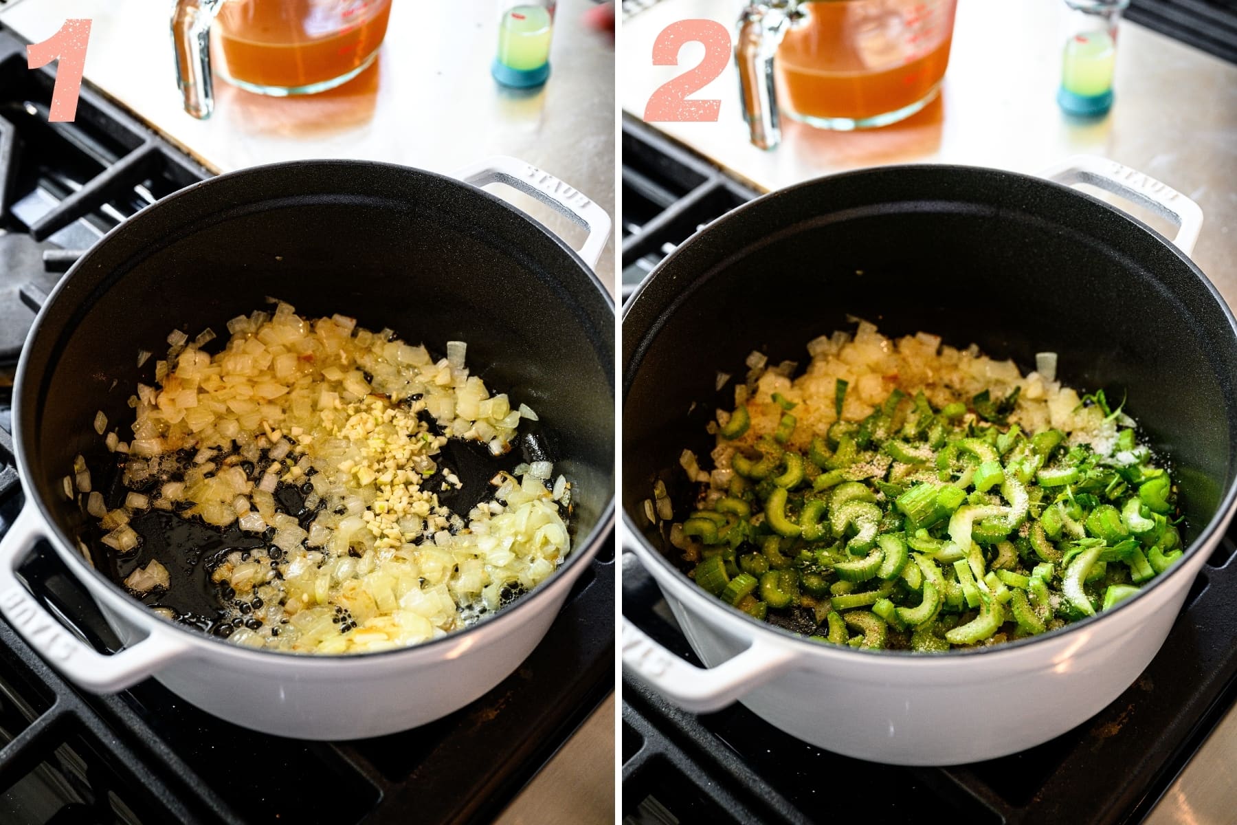 before and after adding celery to sautéed onions and garlic in large pot. 