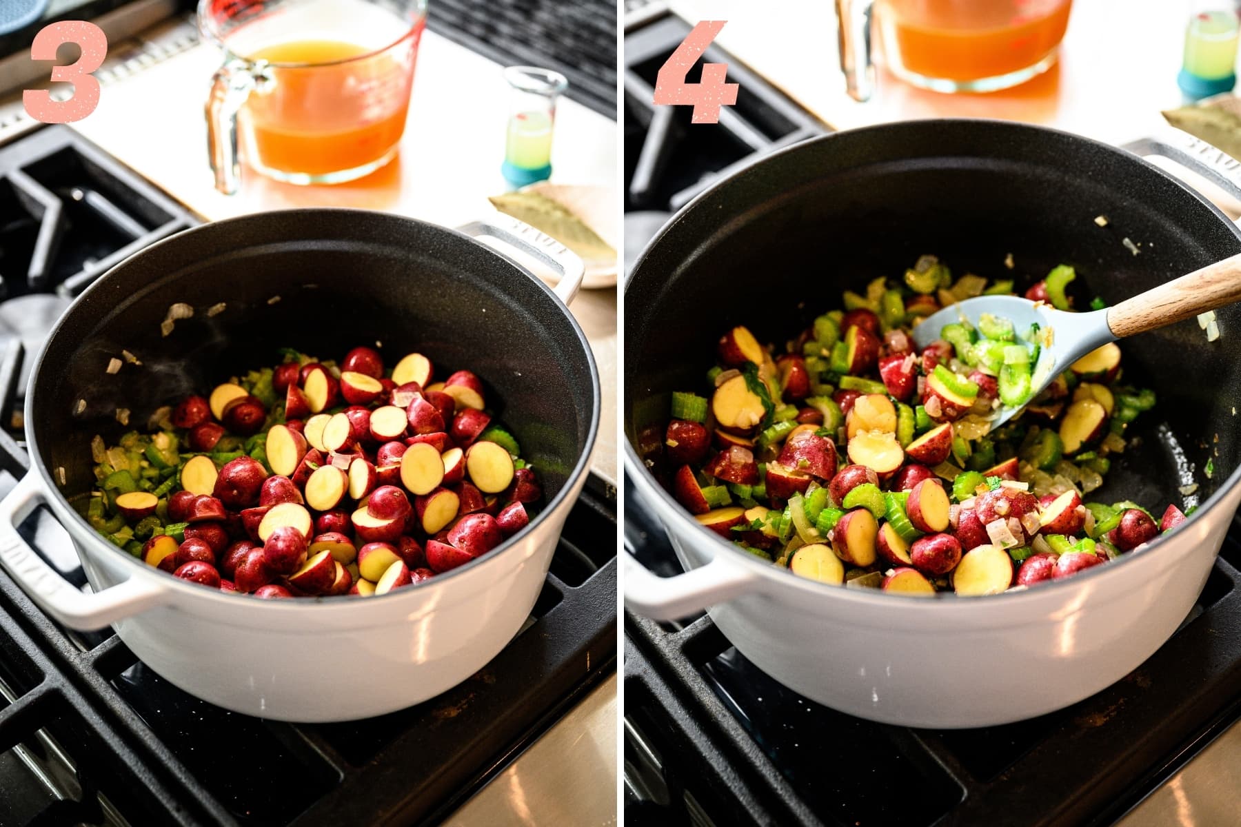 adding in baby potatoes to lima bean soup base in large pot. 