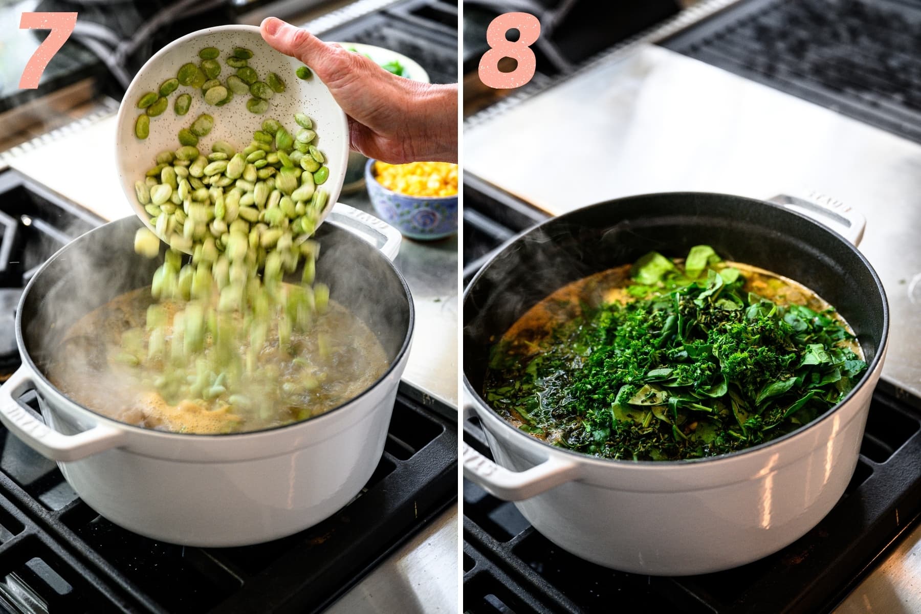 adding in frozen lima beans and chopped spinach and herbs to lima bean soup on stovetop. 