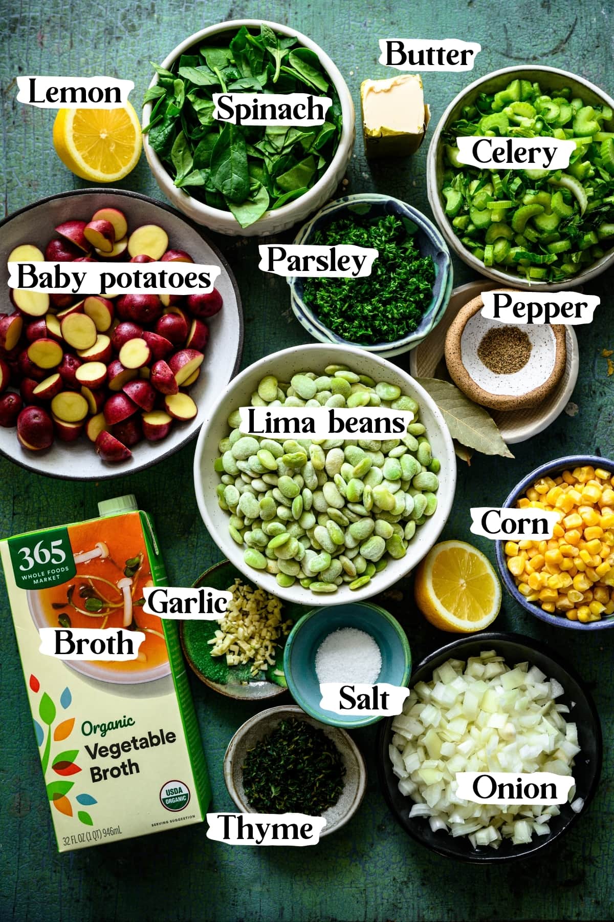 overhead view of ingredients for lima bean soup in small prep bowls.