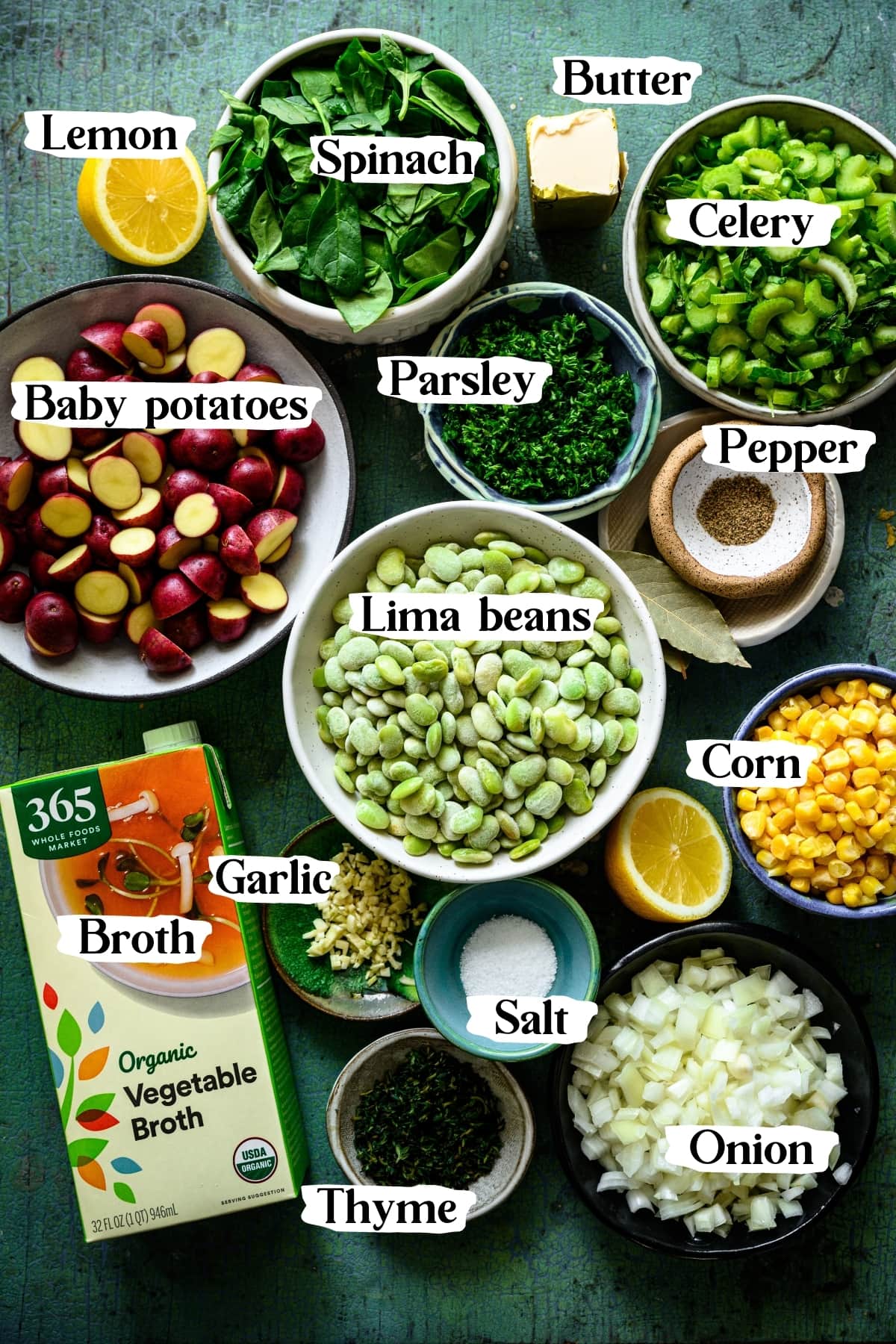 overhead view of ingredients for lima bean soup in small prep bowls. 