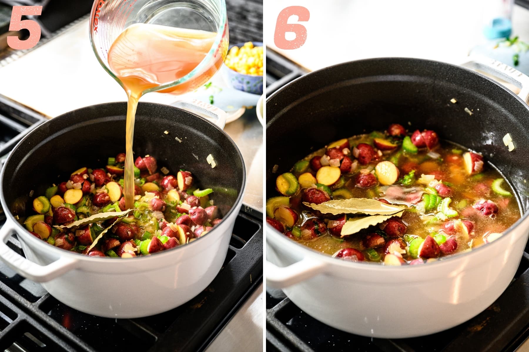 pouring vegetable broth and adding bay leaves to lima bean soup on stovetop. 