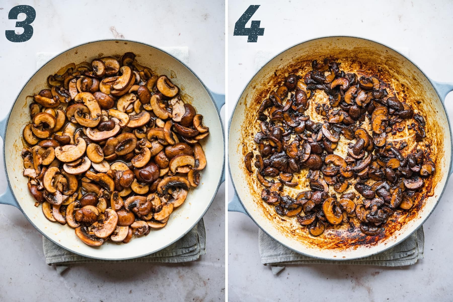 before and after cooking vegan mushroom bacon in pan. 