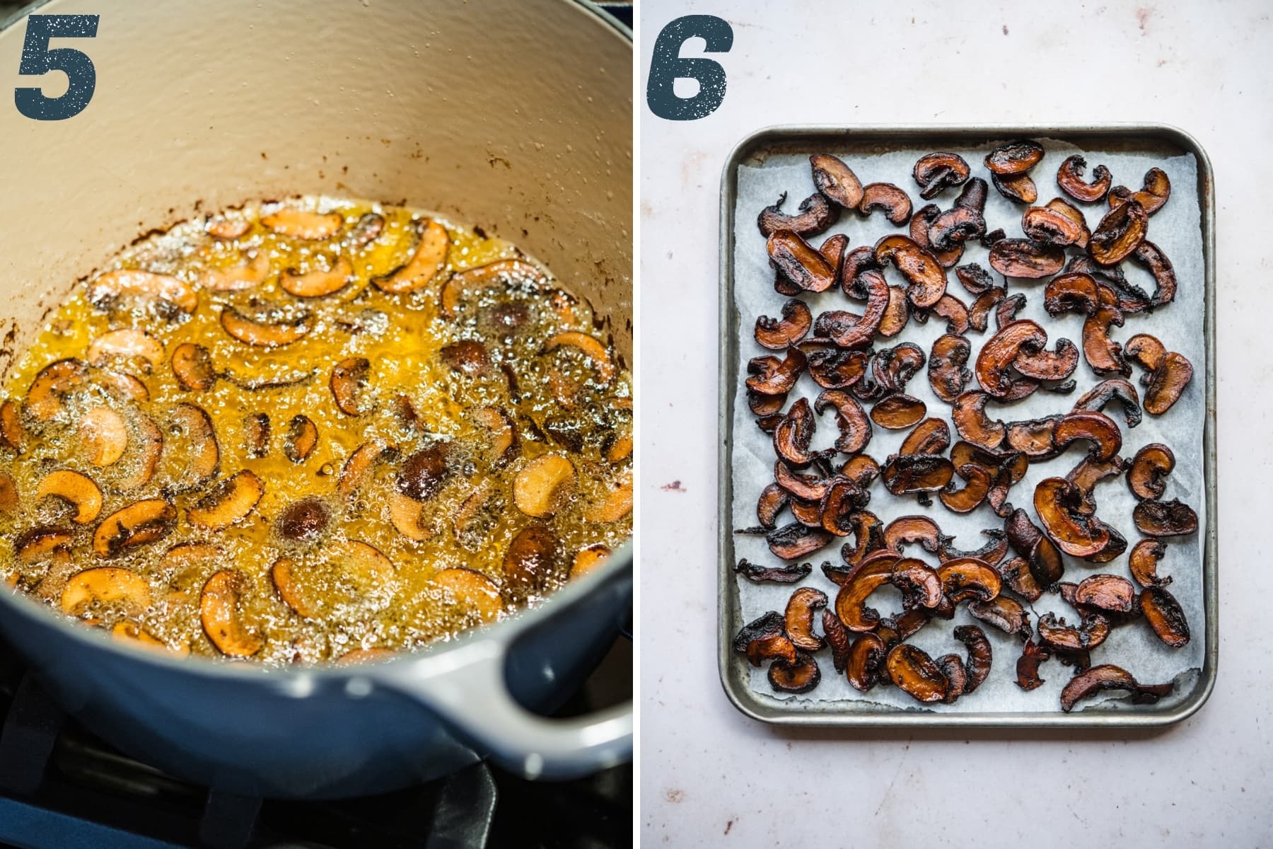 on the left: vegan mushroom bacon in frying pan. on the right: vegan mushroom bacon on parchment paper. 