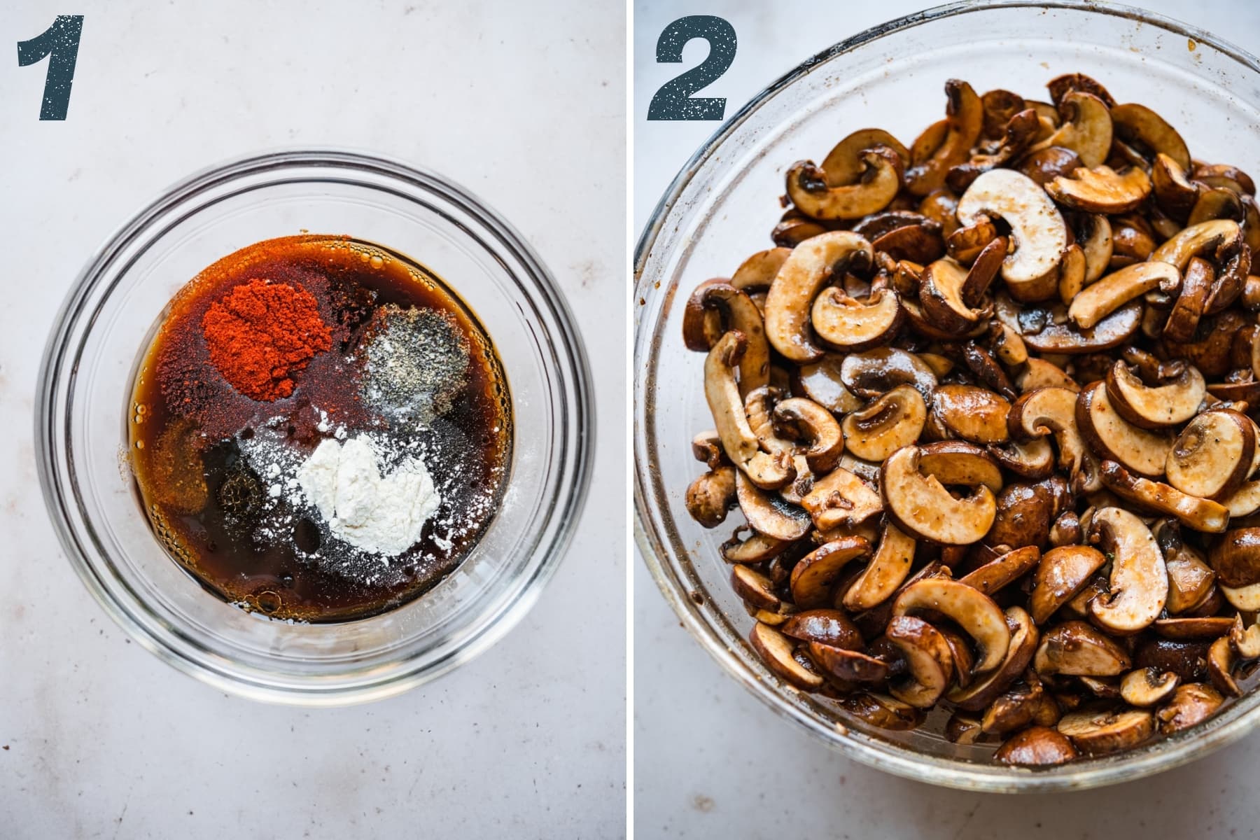 on the left: marinade ingredients for mushroom bacon in bowl. on the right: mushrooms being marinated. 