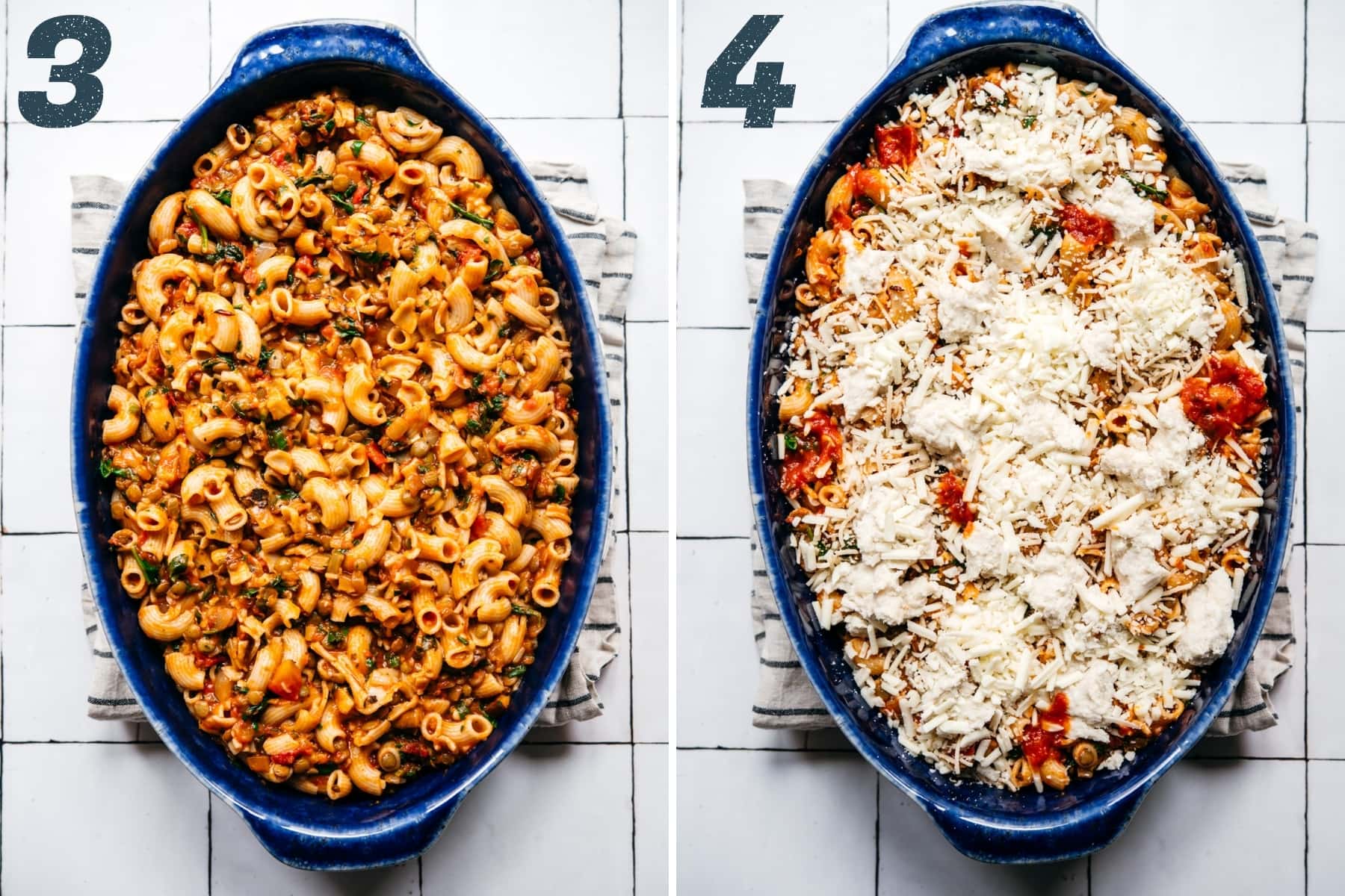 before and after topping vegan pasta bake with cheese before baking. 