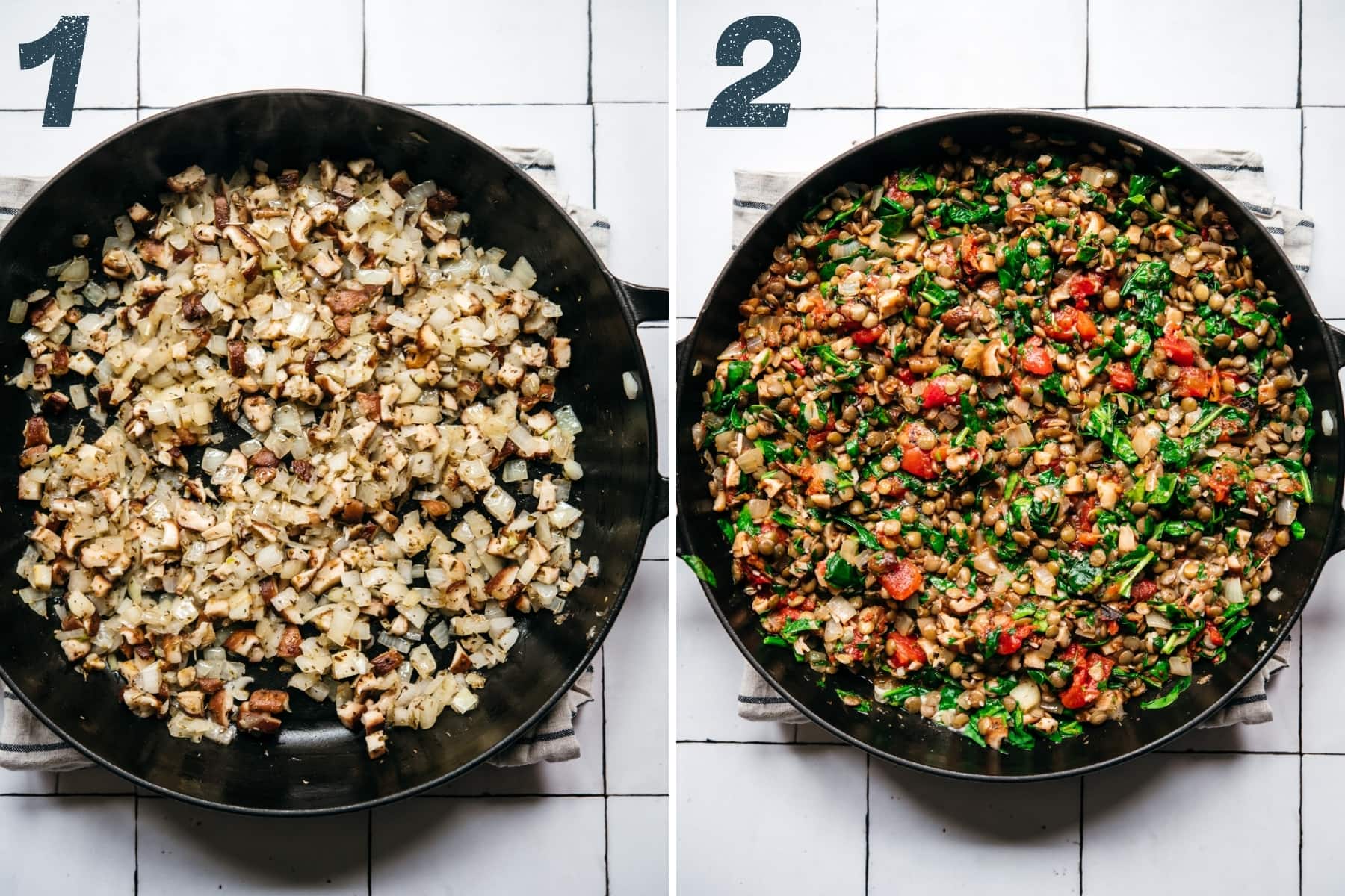 on the left: sautéed onions, garlic and mushrooms in pan. on the right: sautéed vegetables, lentils and spinach in pan. 