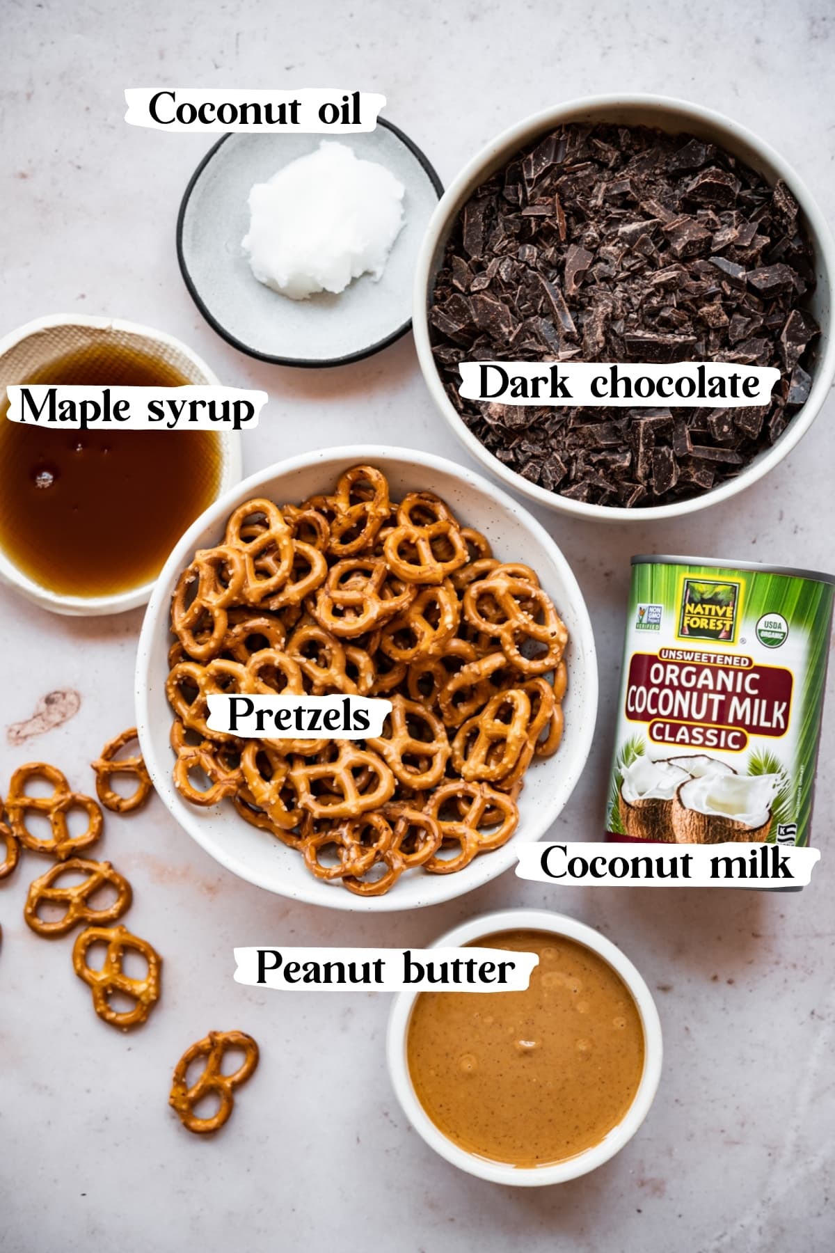 overhead view of ingredients for vegan chocolate peanut butter pretzel tart. 