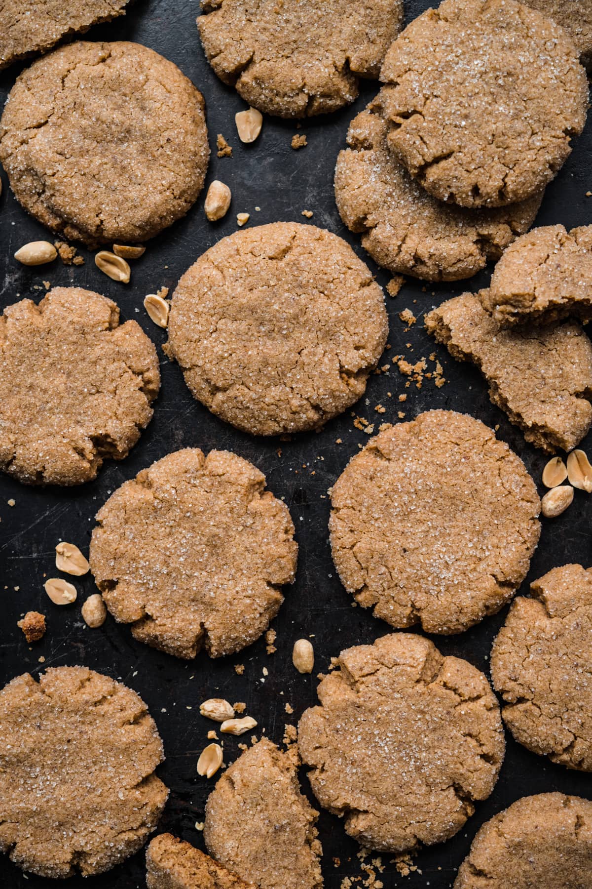 overhead view of vegan peanut butter cookies on baking sheet. 