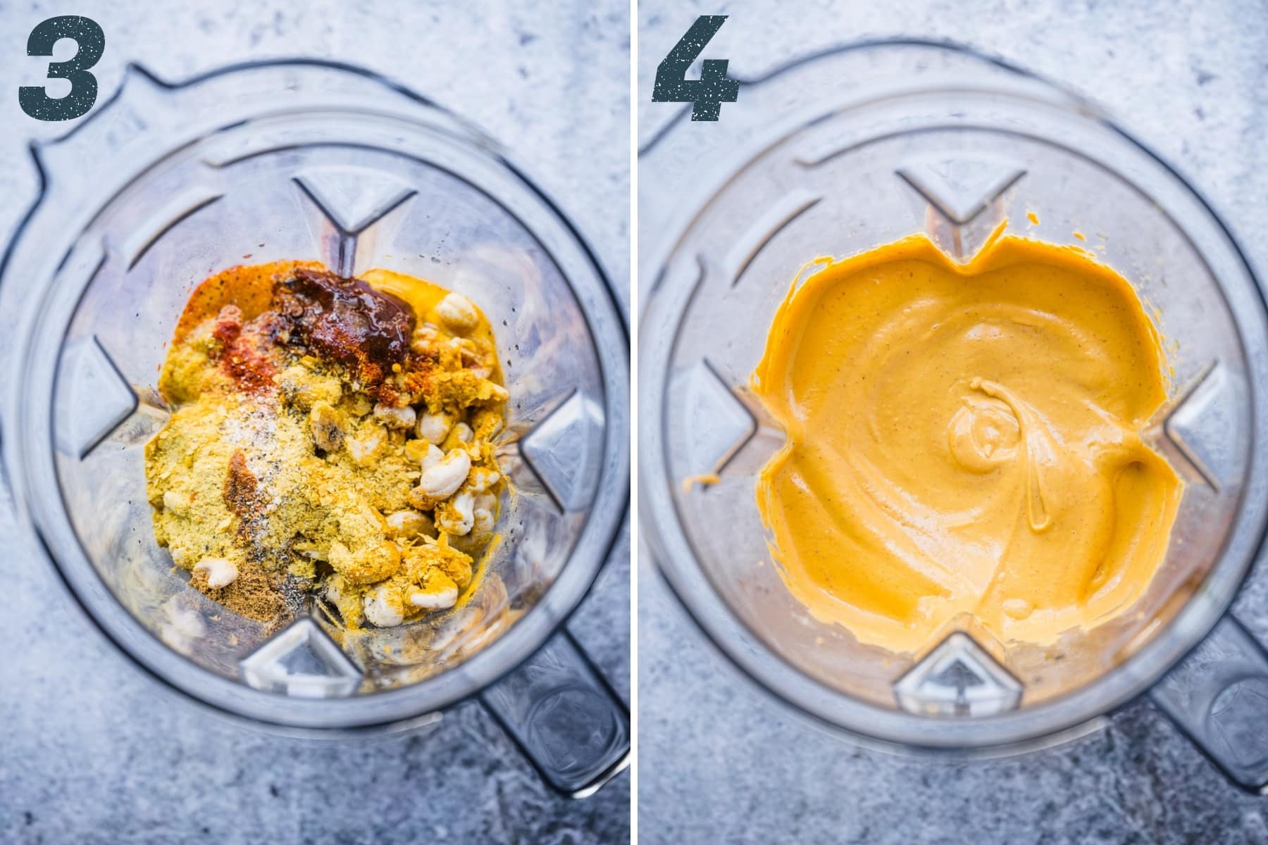 before and after blending ingredients for vegan queso dip. 