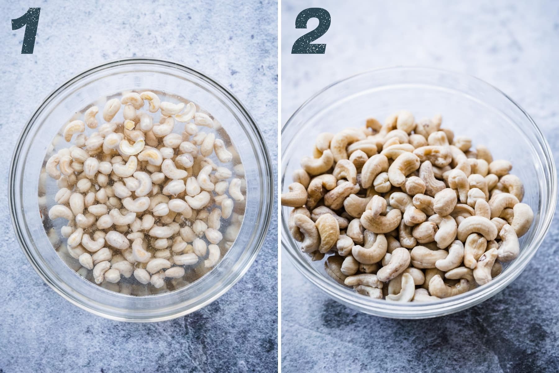 before and after soaking cashews in water and draining. 